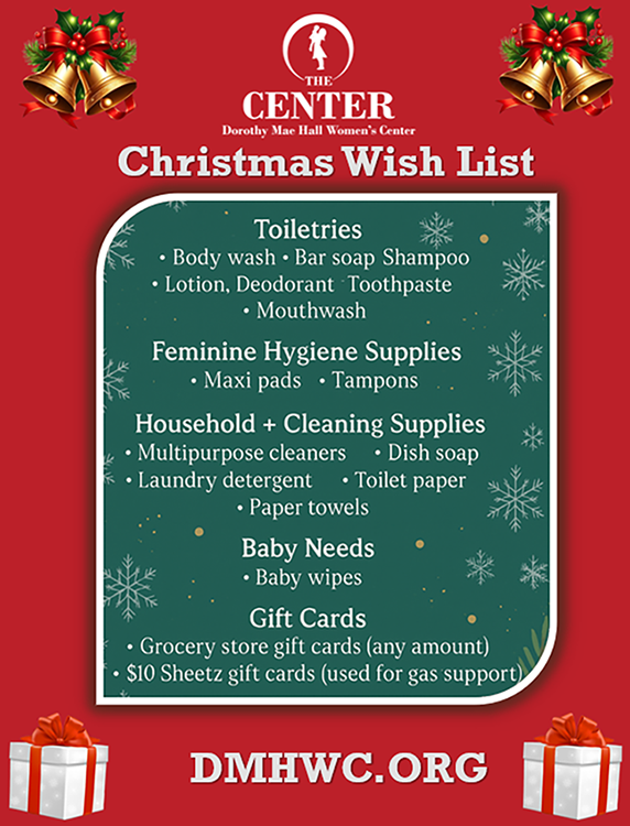 The Center Christmas Wish List for toiletries, household supplies, baby needs, and gift cards