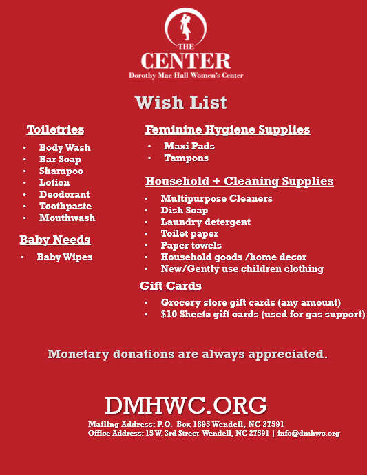 The Center Christmas Wish List for toiletries, household supplies, baby needs, and gift cards